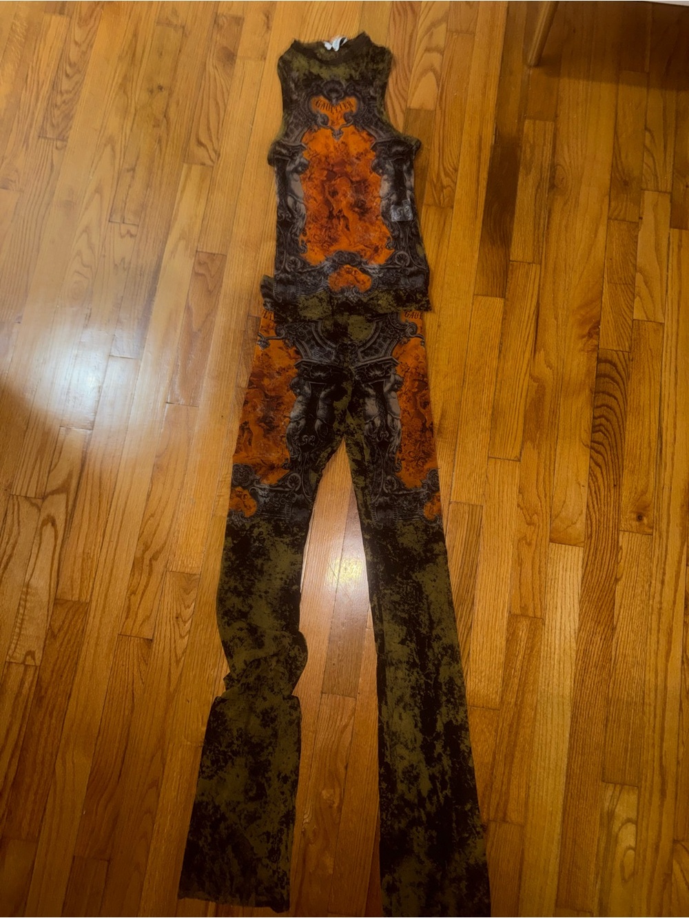 Jean Paul Gaultier Orange and Olive Abstract Sleeveless Jumpsuit - Picture 5 of 6